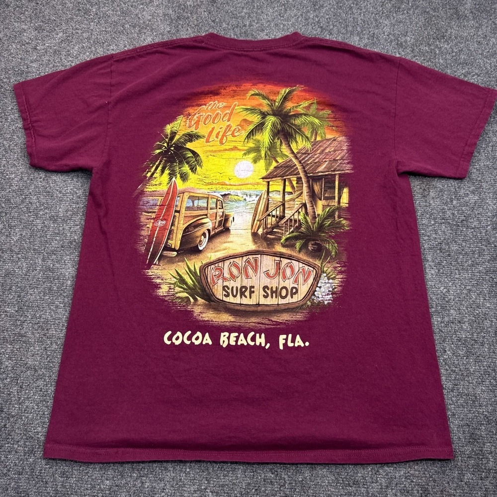 Ron Jon Surf Shop T Shirt Mens Size Large Maroon Red Double Sided Beach Tee